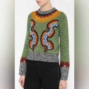 Valentino PF16 Enchanted Wonderland Green Embroidered Wool Sweater